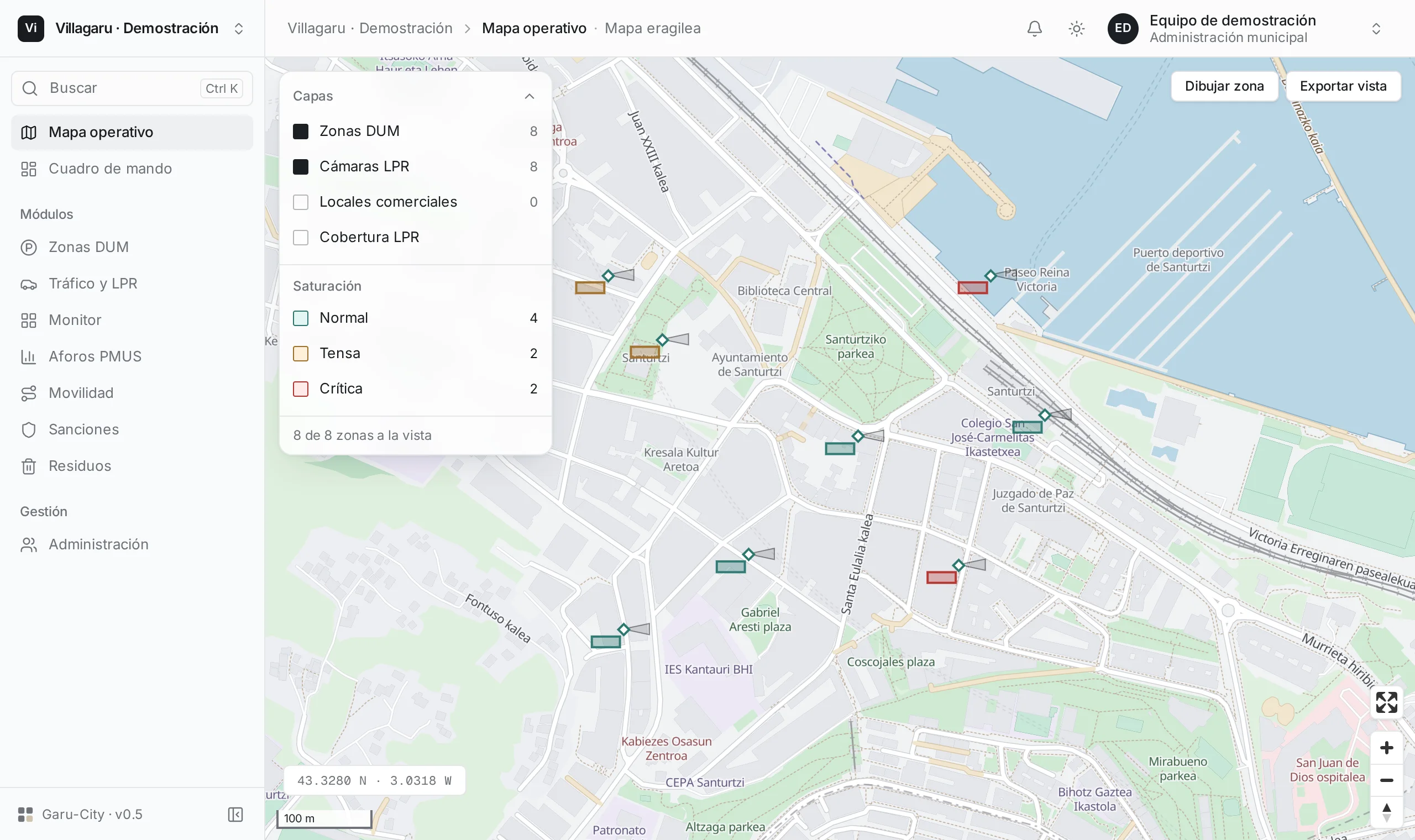 Mapa de Garu-City con capas de zonas DUM y cámaras LPR.