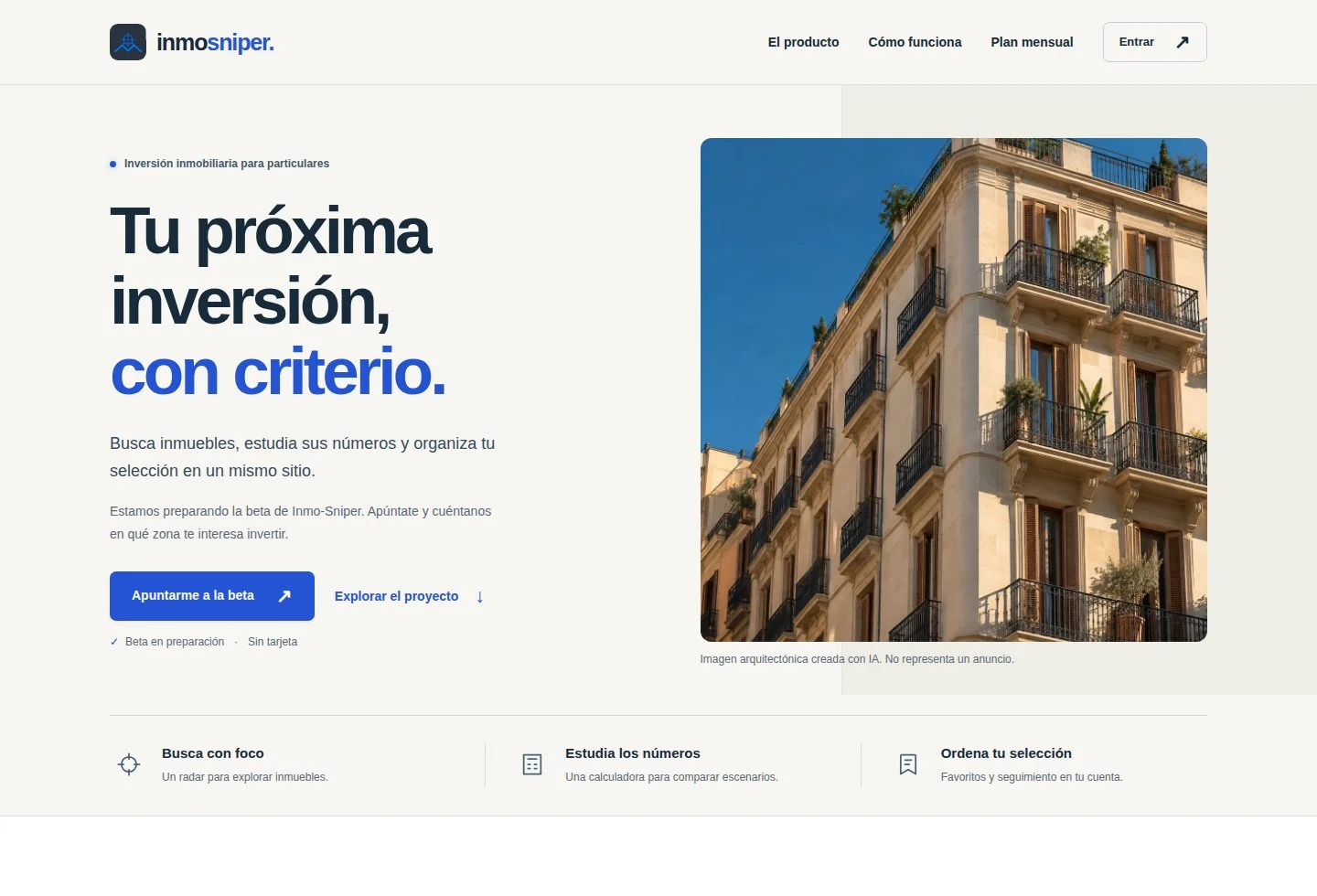 Página de inicio de Inmo-Sniper con presentación del producto y acceso a la beta.
