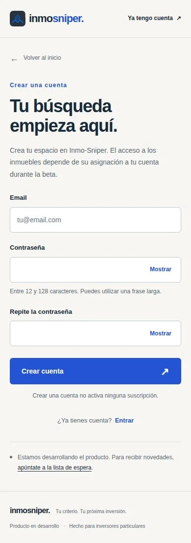 Formulario público de registro de Inmo-Sniper en móvil, con los campos sin completar.