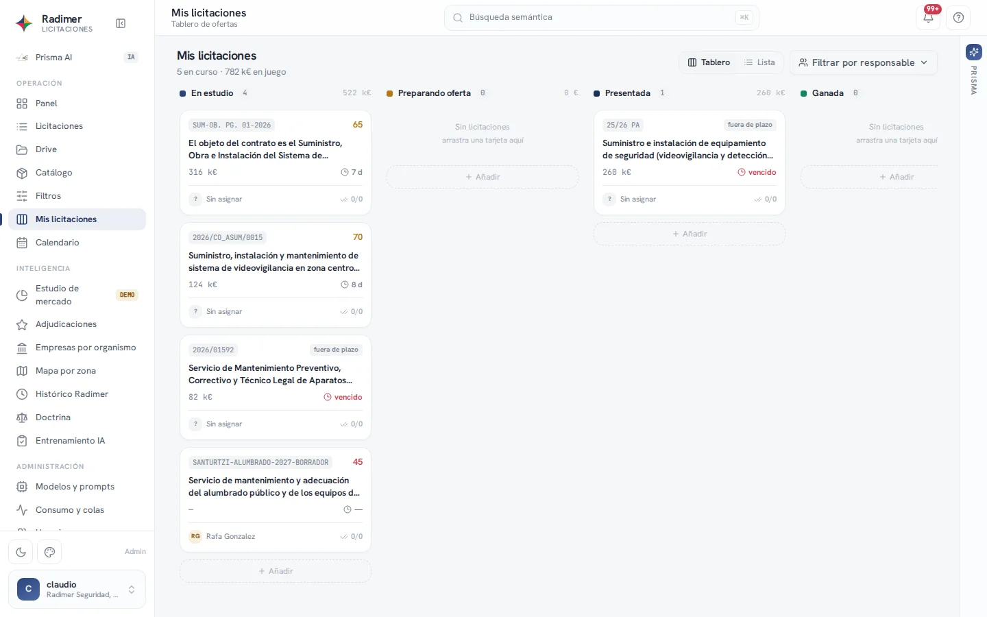 Tablero de ofertas de Licitaciones con las columnas En estudio, Preparando oferta, Presentada y Ganada.