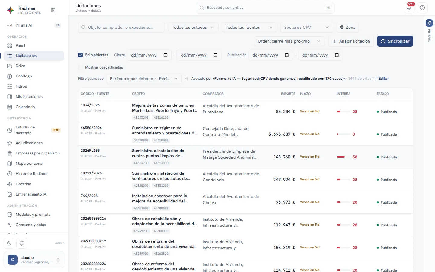 Buscador de Licitaciones con filtros, oportunidades publicadas, organismos, importes y estados de seguimiento.