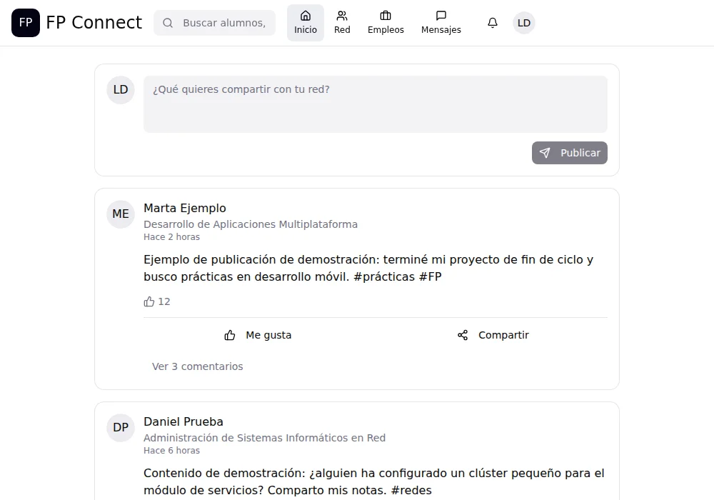 Linkalmi community feed showing post composer and two sample student posts with likes, shares, and comments.