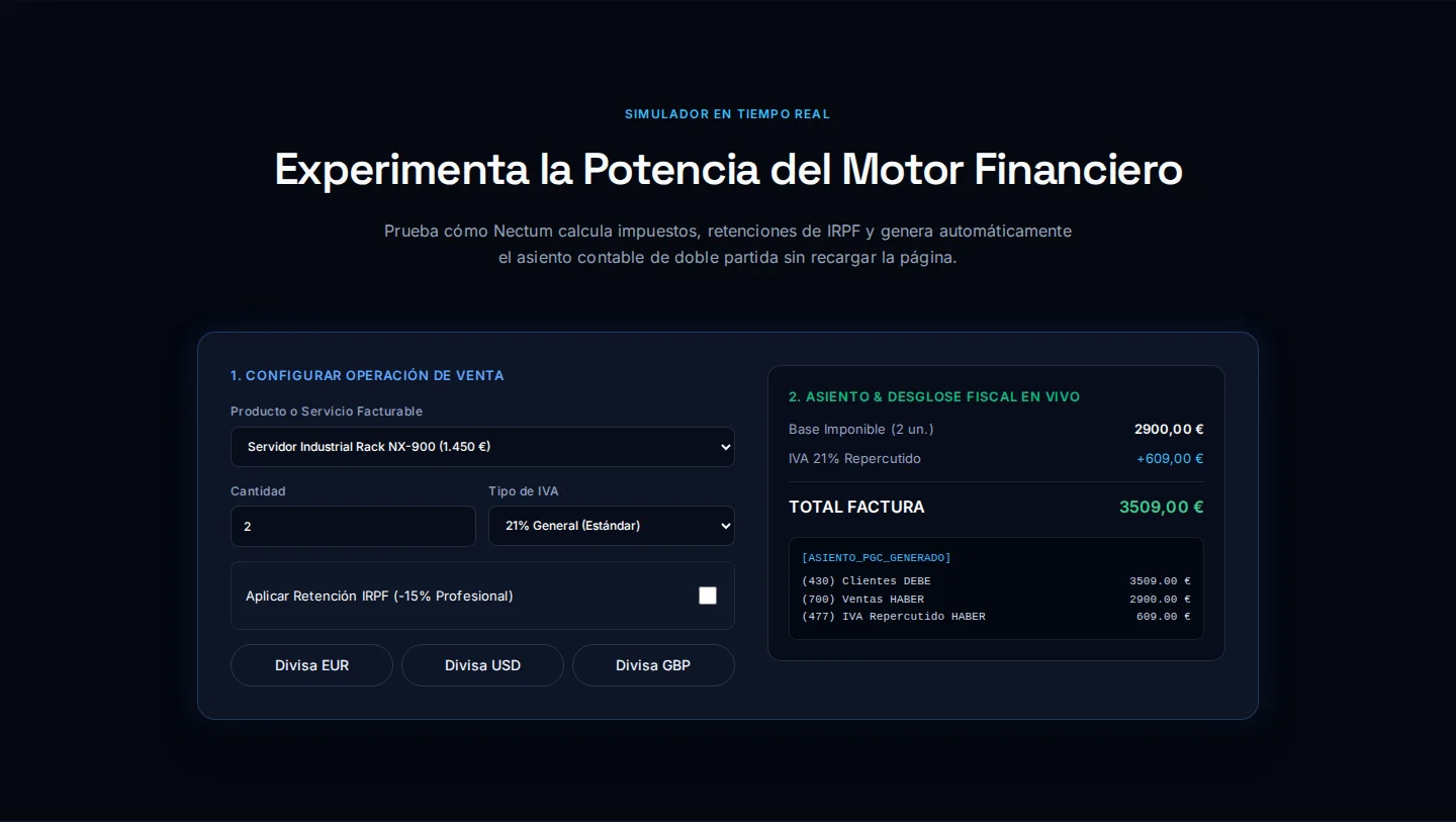 Simulador de Nectum que calcula base imponible, IVA y total de una venta y genera el asiento contable PGC con las cuentas 430, 700 y 477.