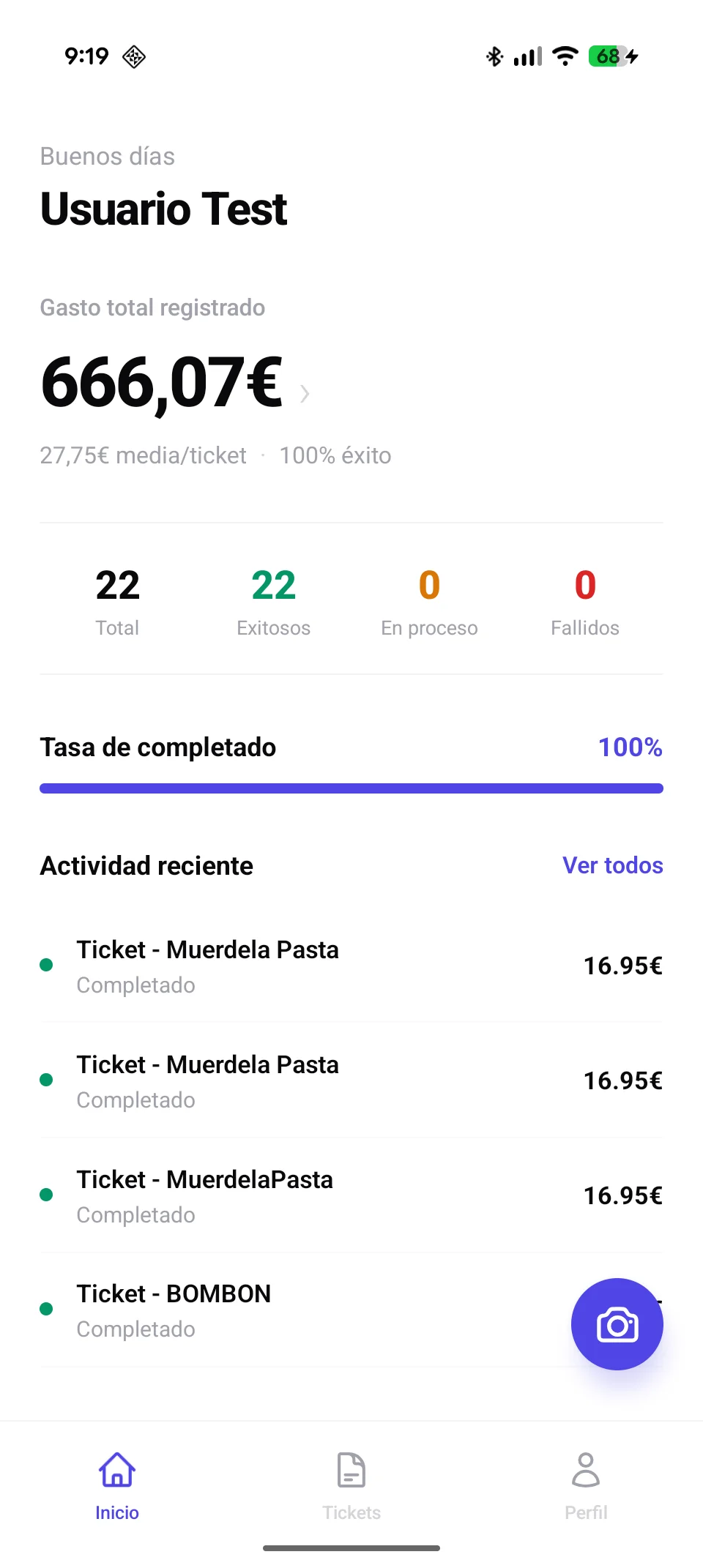 Inicio de la app móvil de GaruTickets con gasto registrado, tickets completados y actividad reciente.