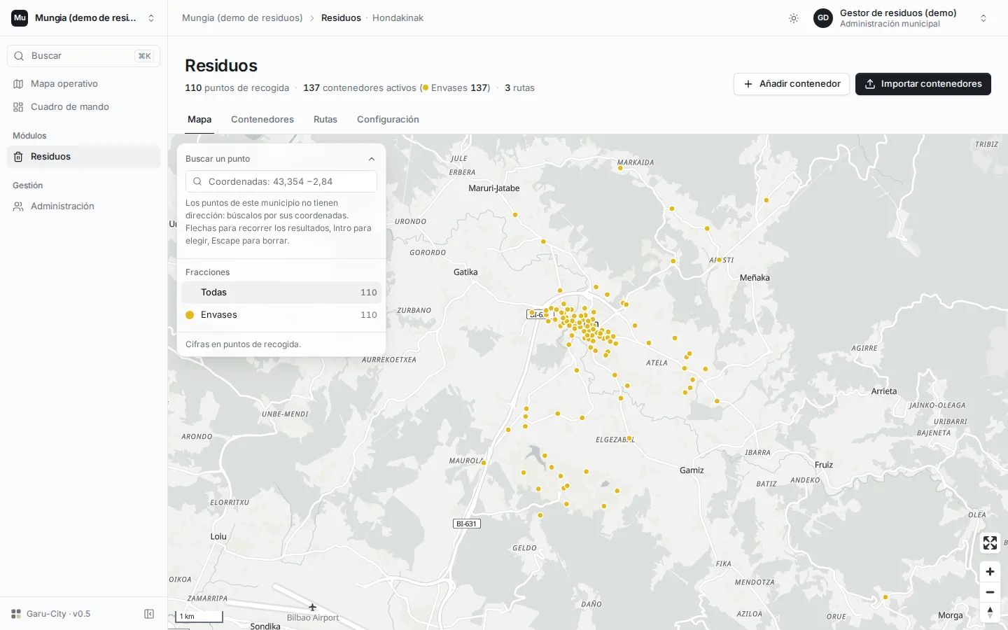 Mapa de inventario de residuos con puntos de recogida y filtros por fracción.